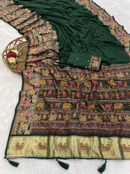 Green Floral Printed Woven Zari Pashmina Saree Sale