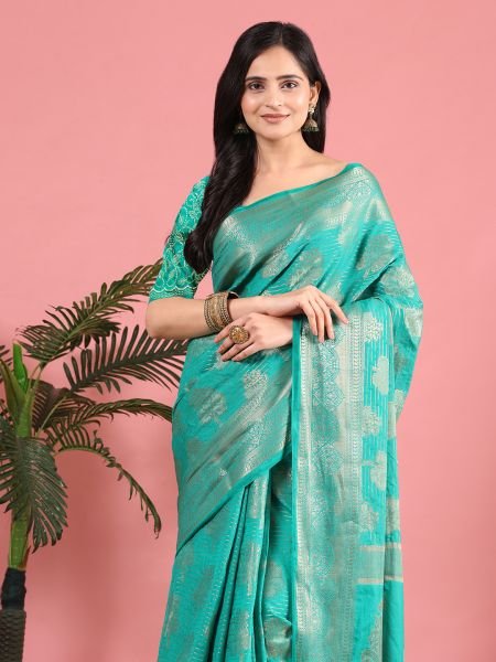 Green Banarasi Georgette jacquard Saree With Embroidery Blouse Sale