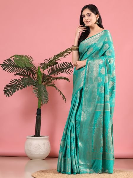 Green Banarasi Georgette jacquard Saree With Embroidery Blouse Banarasi Sarees