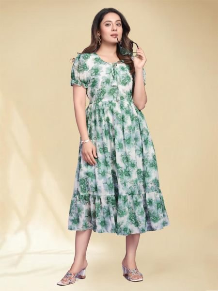 Green Georgette Floral Print Maxi Dress with Puff Sleeves and Flared Jalar Design for Elegant Parties Dresses