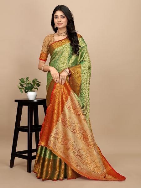 Green Pattu Silk Fabric Jacquard Woven Kanjivaram Dharmavaram Styles Pattu Sarees
