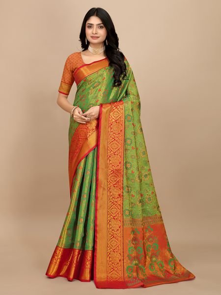 Green Pure Silk Fabric Woven Jacquard     Dharmavaram Pattu Tradition Sale