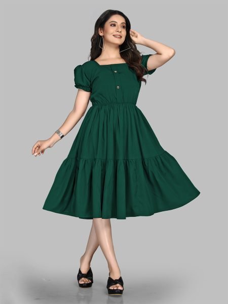 Green Stylish Crape Solid Button Closure Layered Fit and Flare Dress with Puff Sleeves Dresses