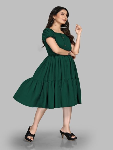 Green Stylish Crape Solid Button Closure Layered Fit and Flare Dress with Puff Sleeves Dresses
