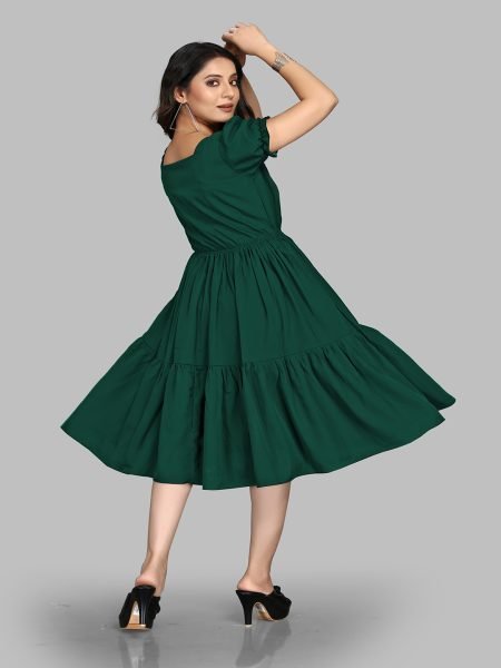 Green Stylish Crape Solid Button Closure Layered Fit and Flare Dress with Puff Sleeves Dresses