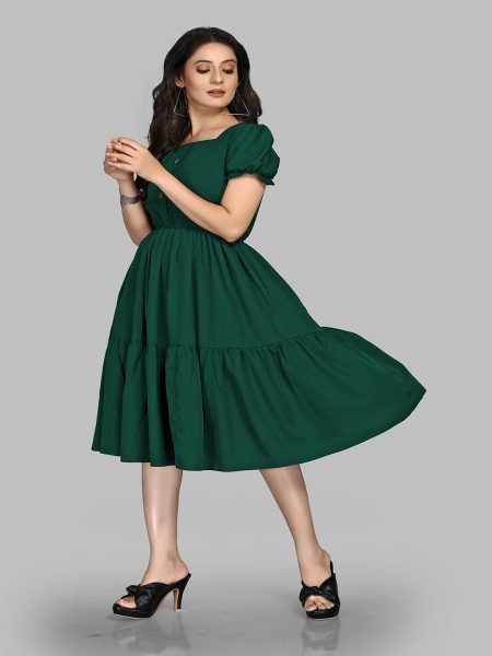 Green Stylish Crape Solid Button Closure Layered Fit and Flare Dress with Puff Sleeves Dresses