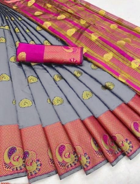 Grey Cotton Silk Jacquard Woven Banarasi Saree with Zari for Festive Occasions Sale