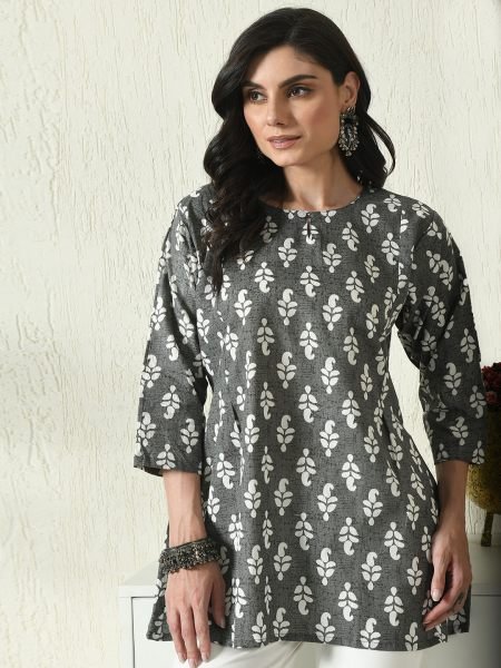 Grey Floral Printed Cotton Blend Top with Keyhole Neck Kurtis & Tunics