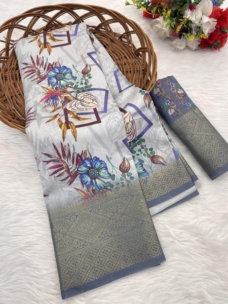 Grey Moss Chiffon Digital Print Saree with Jacquard Zari Border Sale