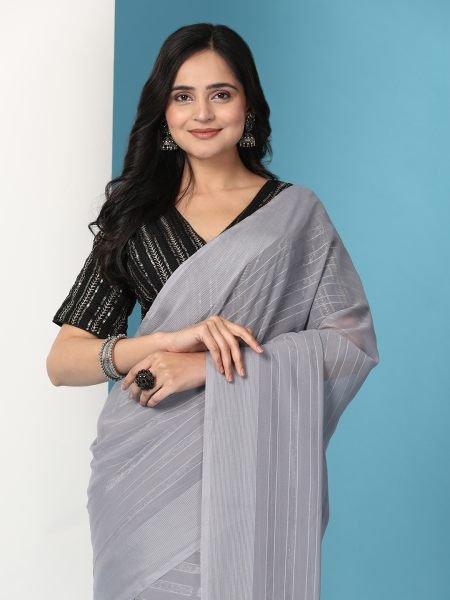 Grey Ready To Wear Chiffon Saree With Stitched Blouse Sale