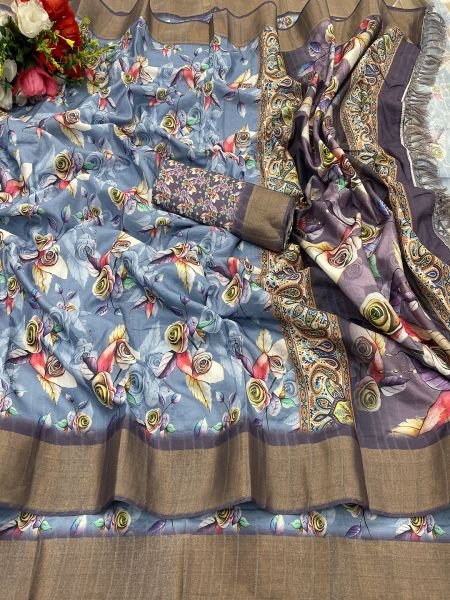 Grey Wine Cotton Silk Handloom Printed Saree with Tassel Border Pallu Sale