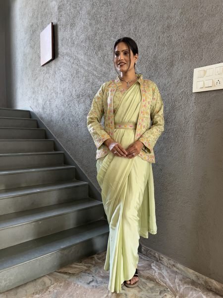 Heavy Chinon Jacket Saree With Blouse and Cording Embroidered Work Daily Deals