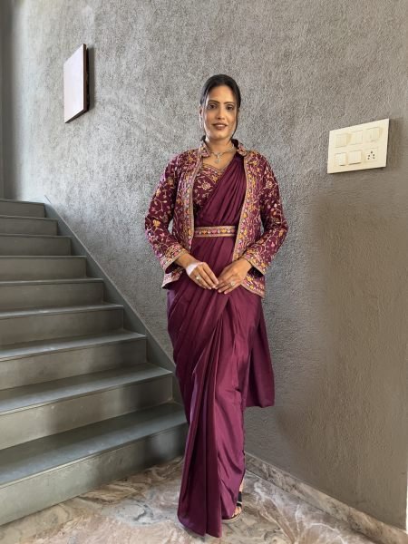 Heavy Chinon Jacket Saree With Blouse and Cording Embroidered Work Daily Deals