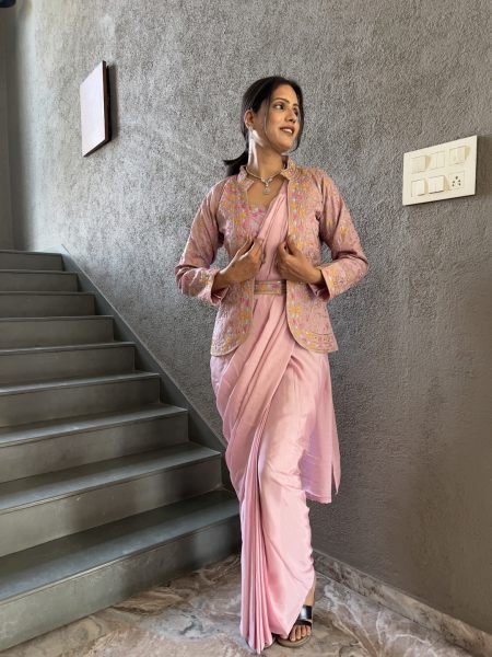 Heavy Chinon Jacket Saree With Blouse and Cording Embroidered Work Daily Deals