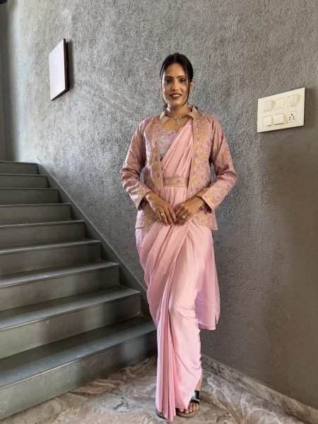 Heavy Chinon Jacket Saree With Blouse and Cording Embroidered Work Saree