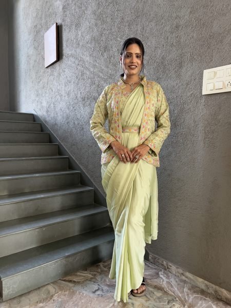 Heavy Chinon Jacket Saree With Blouse and Cording Embroidered Work Saree