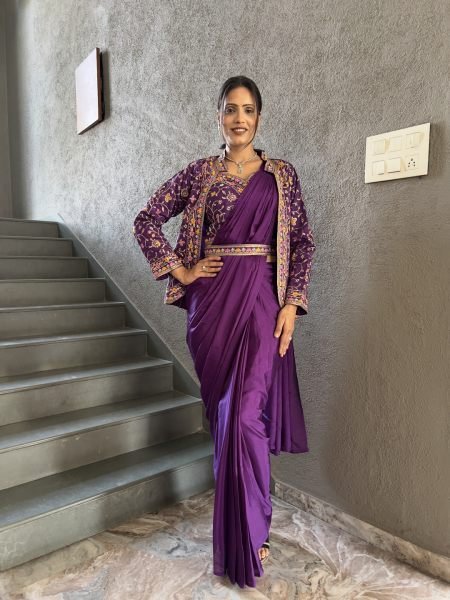 Heavy Chinon Jacket Saree With Blouse and Cording Embroidered Work Saree