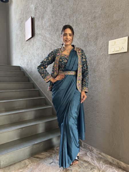 Heavy Chinon Jacket Saree With Blouse and Cording Embroidered Work Saree