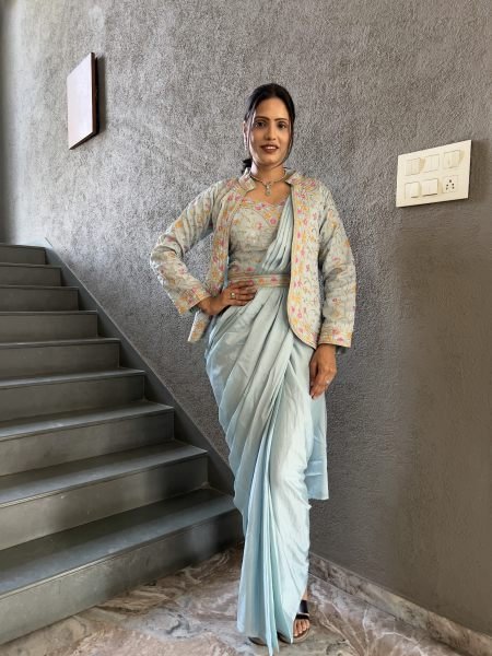 Heavy Chinon Jacket Saree With Blouse and Cording Embroidered Work Saree