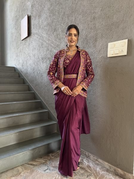 Heavy Chinon Jacket Saree With Blouse and Cording Embroidered Work Saree