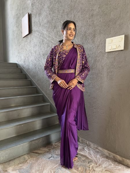 Heavy Chinon Jacket Saree With Blouse and Cording Embroidered Work Ready To Wear Sarees