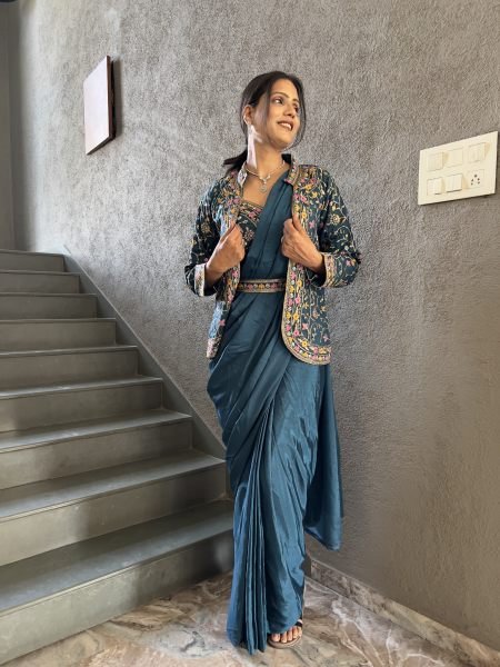 Heavy Chinon Jacket Saree With Blouse and Cording Embroidered Work Ready To Wear Sarees