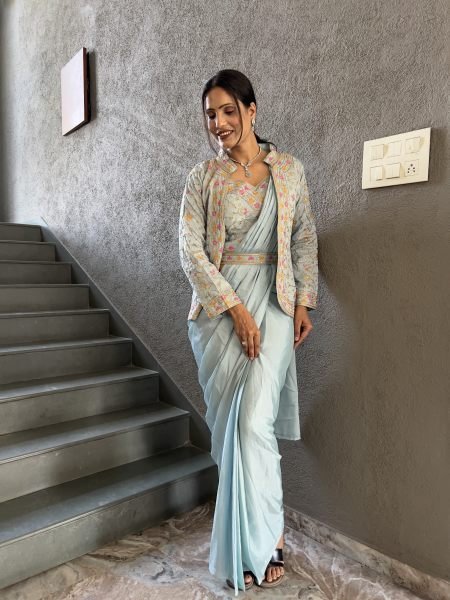 Heavy Chinon Jacket Saree With Blouse and Cording Embroidered Work Ready To Wear Sarees