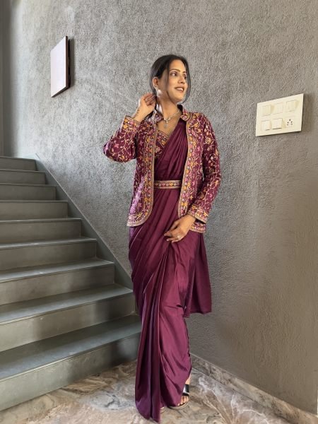 Heavy Chinon Jacket Saree With Blouse and Cording Embroidered Work Ready To Wear Sarees