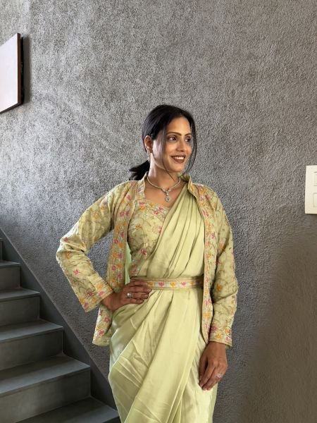Heavy Chinon Jacket Saree With Blouse and Cording Embroidered Work Ready To Wear Sarees