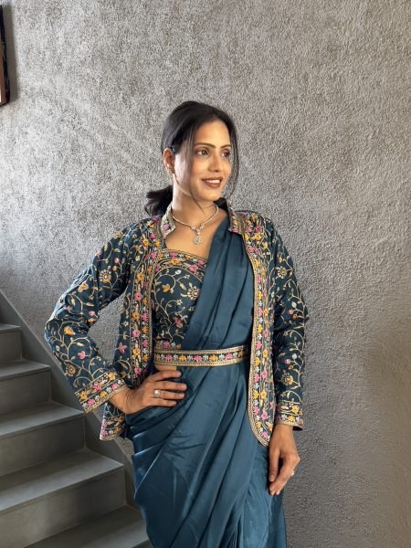 Heavy Chinon Jacket Saree With Blouse and Cording Embroidered Work Ready To Wear Sarees