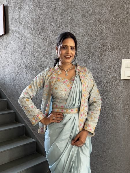 Heavy Chinon Jacket Saree With Blouse and Cording Embroidered Work Ready To Wear Sarees