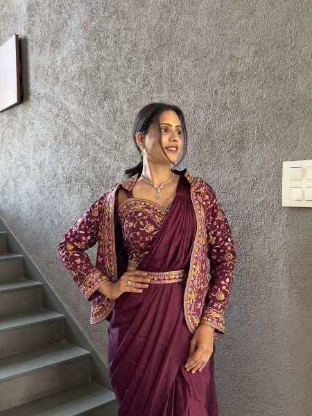 Heavy Chinon Jacket Saree With Blouse and Cording Embroidered Work Ready To Wear Sarees
