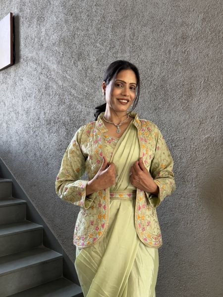Heavy Chinon Jacket Saree With Blouse and Cording Embroidered Work Ready To Wear Sarees