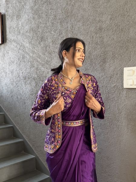 Heavy Chinon Jacket Saree With Blouse and Cording Embroidered Work Ready To Wear Sarees