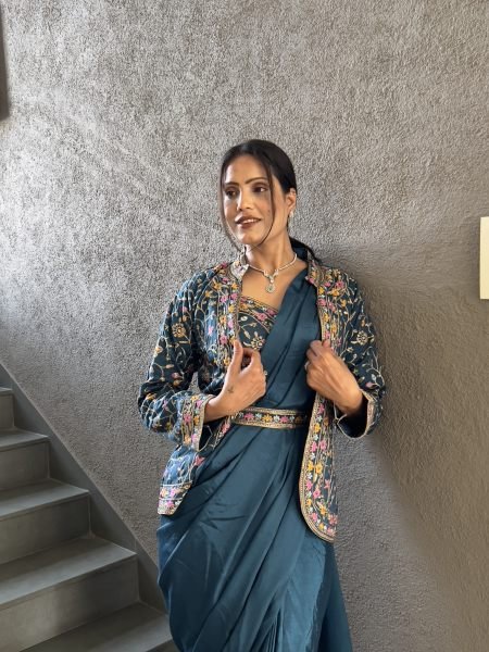 Heavy Chinon Jacket Saree With Blouse and Cording Embroidered Work Ready To Wear Sarees