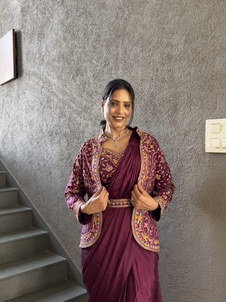 Heavy Chinon Jacket Saree With Blouse and Cording Embroidered Work Ready To Wear Sarees