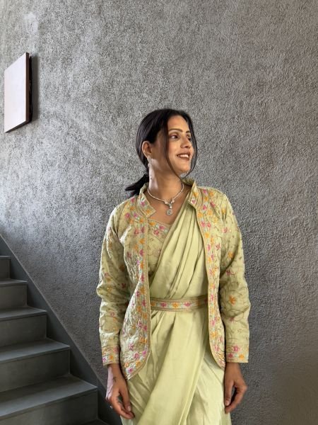 Heavy Chinon Jacket Saree With Blouse and Cording Embroidered Work Ready To Wear Sarees