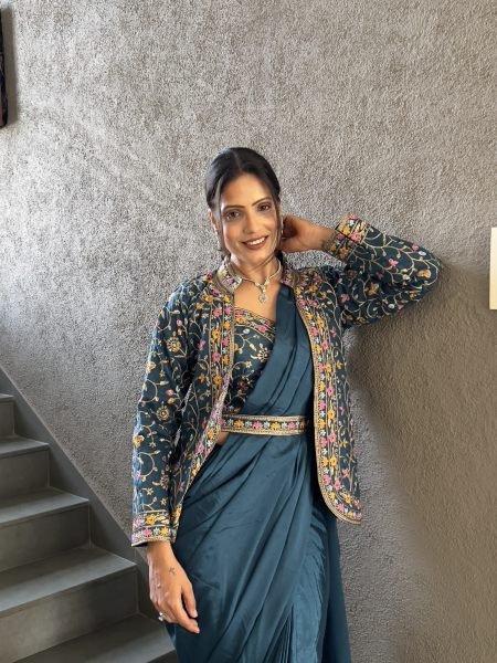 Heavy Chinon Jacket Saree With Blouse and Cording Embroidered Work Ready To Wear Sarees