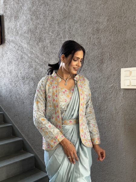 Heavy Chinon Jacket Saree With Blouse and Cording Embroidered Work Ready To Wear Sarees