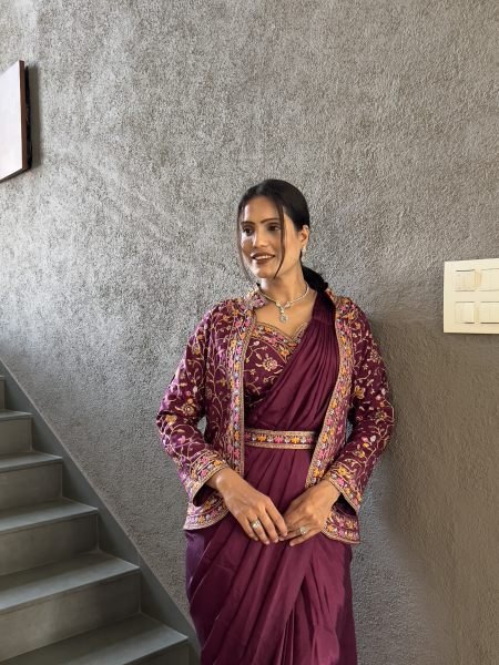 Heavy Chinon Jacket Saree With Blouse and Cording Embroidered Work Ready To Wear Sarees