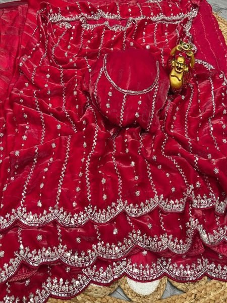 Heavy Zari Embroidery Scalloped Cutwork Border Chiffon Satin Saree Daily Deals