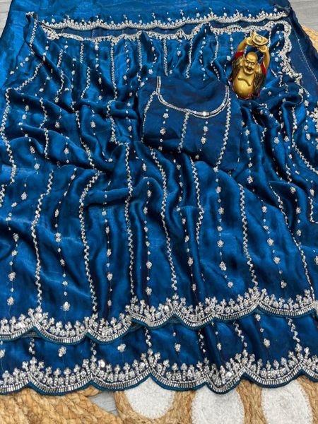 Heavy Zari Embroidery Scalloped Cutwork Border Chiffon Satin Saree Daily Deals