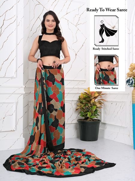 Instant Glam  Pre Pleated Chiffon   Satin Patta Saree Sale