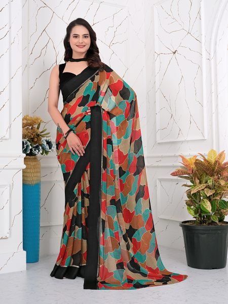 Instant Glam  Pre Pleated Chiffon   Satin Patta Saree Ready To Wear Sarees