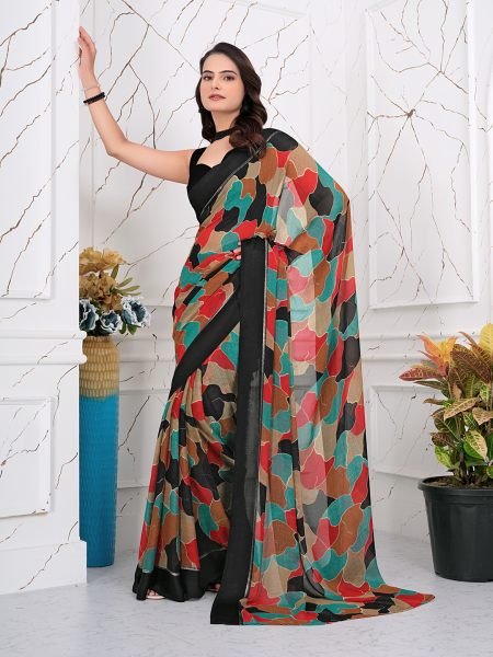 Instant Glam  Pre Pleated Chiffon   Satin Patta Saree Ready To Wear Sarees