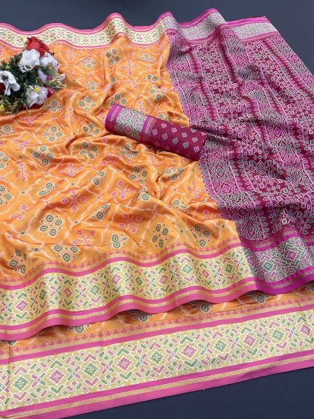 Jacquard Woven Patola Orange Pure Silk Saree Sale