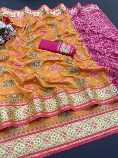 Jacquard Woven Patola Orange Pure Silk Saree Sale