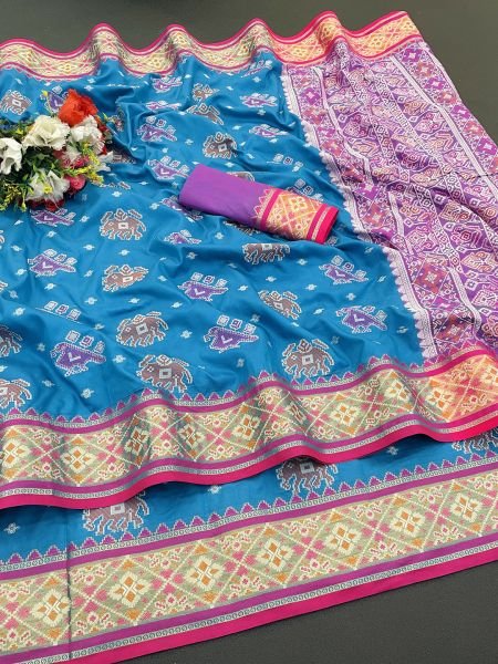 Jacquard Woven Patola Sky Blue Pure Silk Saree Sale