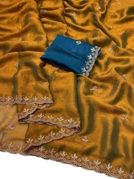 Jimmy Chu Saree with Elegant Thread   Moti Embroidery Work   Unstitched Blouse Piece Designer Sarees