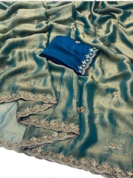Jimmy Chu Saree with Elegant Thread   Moti Embroidery Work   Unstitched Blouse Piece Designer Sarees